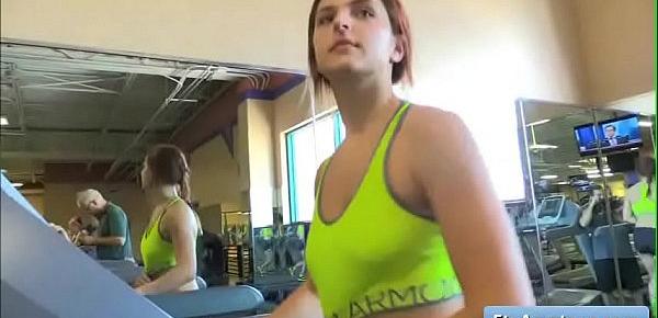  Sexy teen blonde amateur Fiona flash her tits at the gym while working her booty off